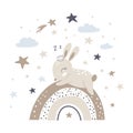 Nursery poster with ÃÂute bunny sleeps on a rainbow. Vector Illustration